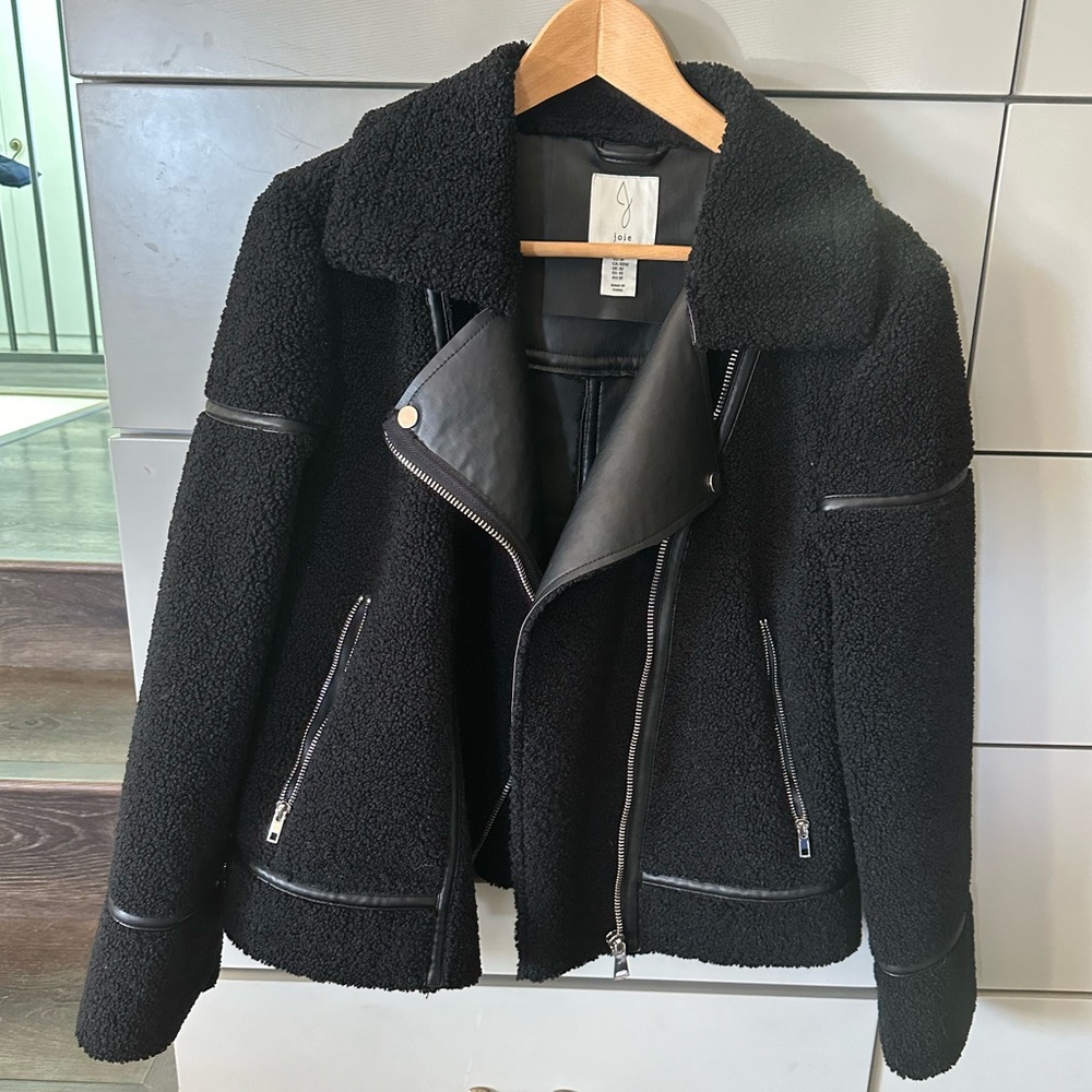 Joie Black Shearling-Style Leather Trim Moto Jacket